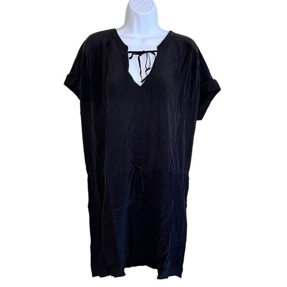 Chaser Dress Womens Medium Black Silk Mini Tie Front Shirred Cuffed Sleeves NWT - Picture 1 of 12